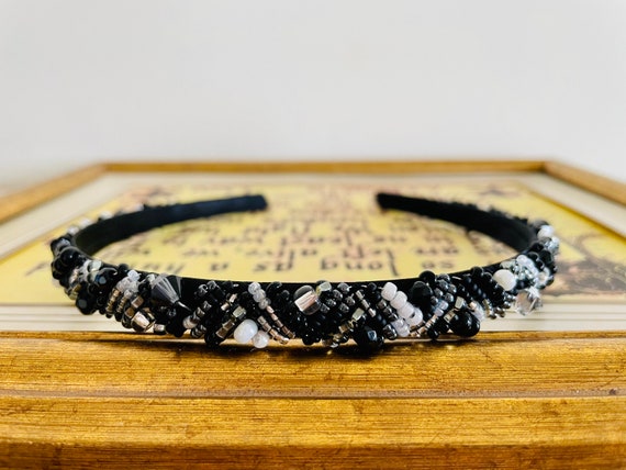 Belle Notte Swarovski Crystal Beaded Headband, Black White 