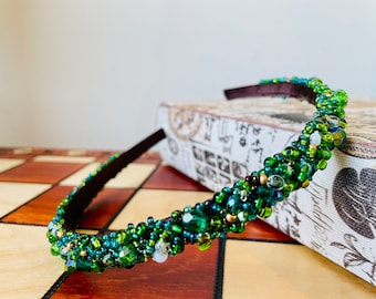 Celtic Forest Inspired Beaded Headband - Greens and Golds