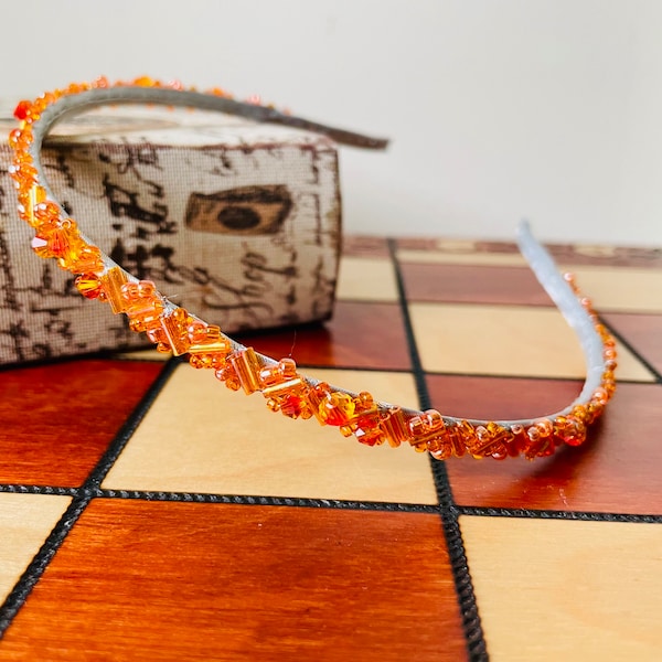 Vivid Orange Fireball Swarovski Crystal Narrow Headband - Black or Silver White Base