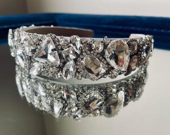 White Crystal Crown Headband – Luxury Bridal Rhinestone Headband | 3cm Statement Wedding Hairpiece | Handmade Couture Bridal Headband UK