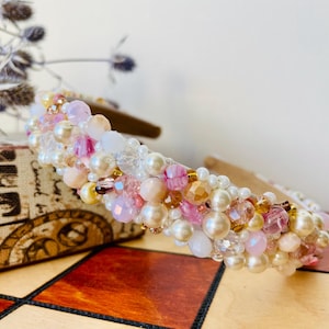Sweet Pink and Champagne, White Pearl Beaded Headband - Elegant 2cm Satin Accessory