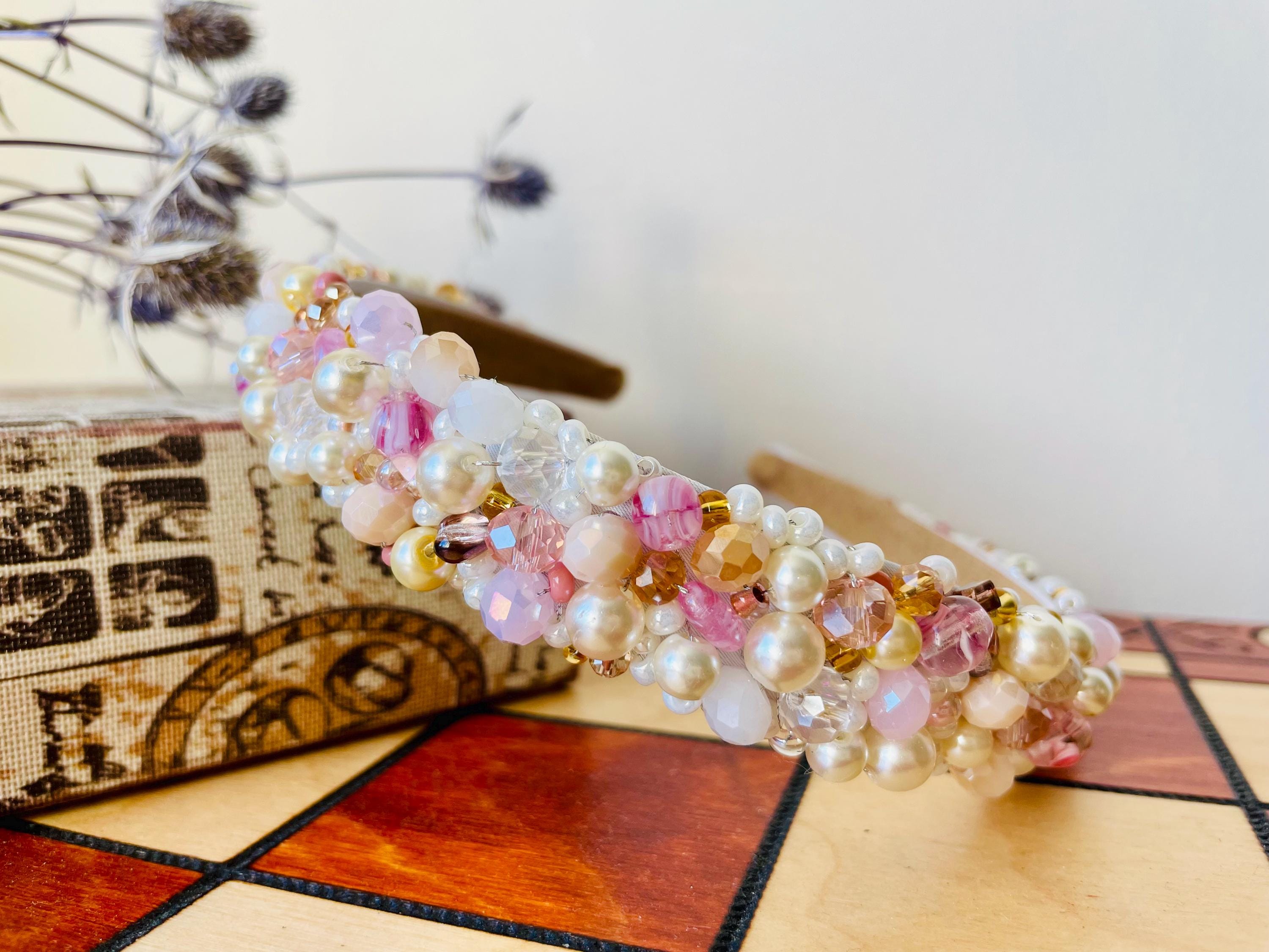 Sweet Pink and Champagne, White Pearl Beaded Headband  display picture 1