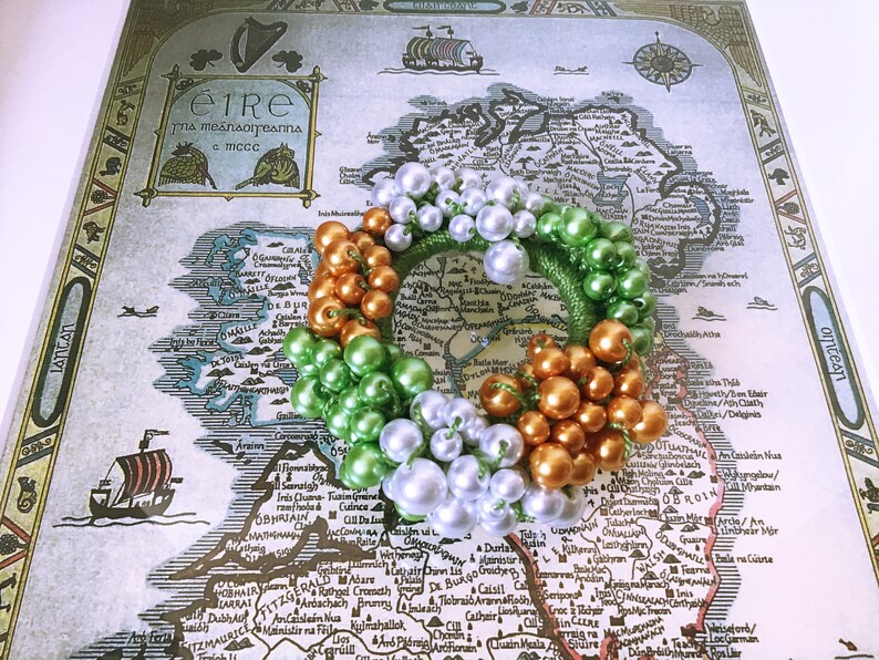 Irish Tricolour flag beaded Crochet Hair Scrunchie Ponytail Holder,Green Women Hair Accessaries St Patricks day Bead Crocheted Bobble