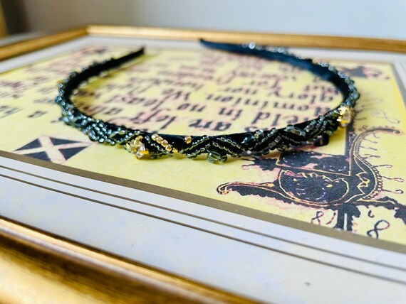 Black & Gold Intricate Beaded Headband 1920s Headband Gold Roaring Beaded Black Feather Headpiece  main image 3