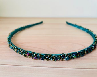 Green Iris Rainbow AB Narrow Czech fire polish beaded headband, Dark Green  beaded Alice Headband