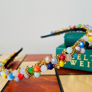 Luxury Handmade Beaded Headband – Multicolour Crystals, Gold Miyuki Beads, Black Satin Hair Accessory