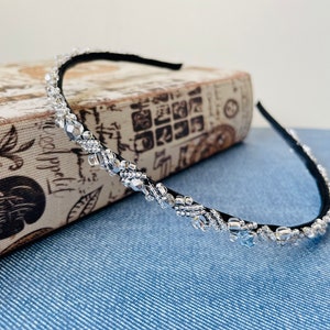 Narrow Silver moon Czech fire polish beaded headband,Gothic Headband