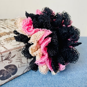 Modern Classic Pink Black Beige Quadruple frills fluffy lace crochet Hair scrunchie, Lace hair tie, Hair Accessaries