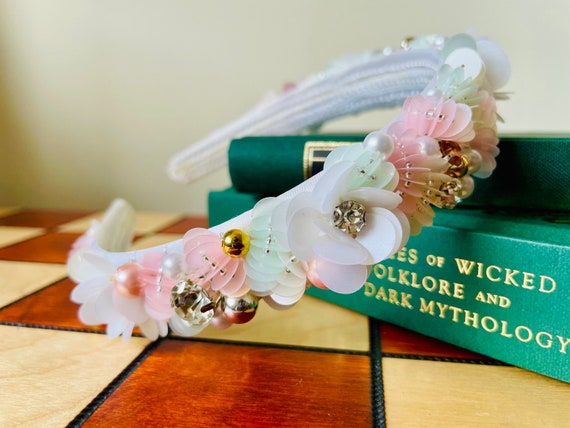 Princess Floral Green and Pink Headband with Pearls Flower Headband Coral with Pearls Floral Headpiece Hair Band  main image 4