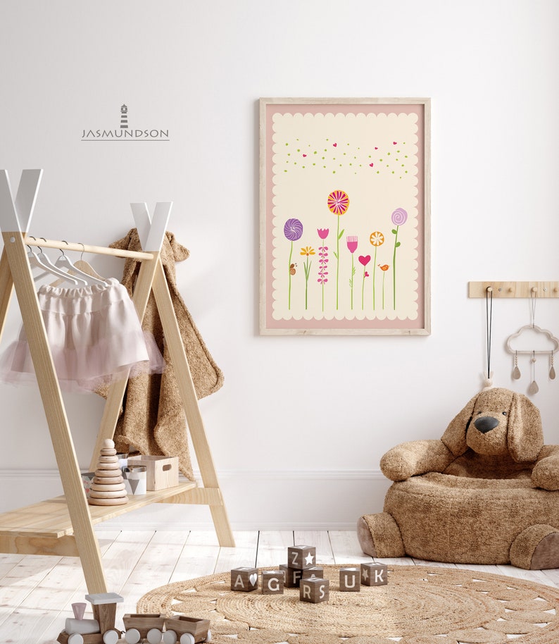 Flowers Children's Room Picture Digital Download Instant Print in Many Sizes Old Pink Cream Playroom Flower Meadow image 7