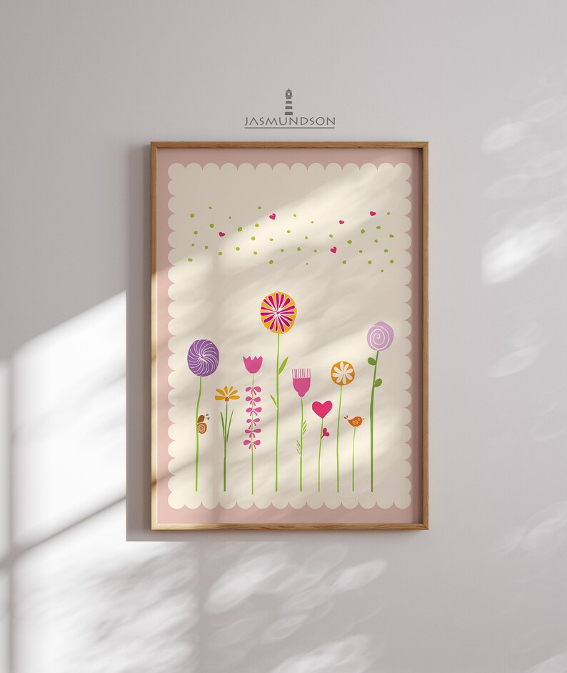 Flowers Children's Room Picture Digital Download Instant Print in Many Sizes Old Pink Cream Playroom Flower Meadow image 9