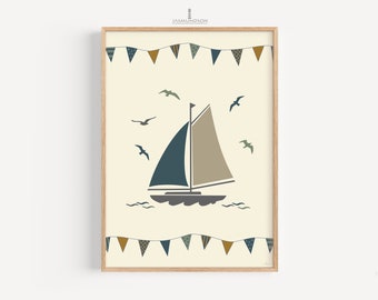 Sailboat Nursery Pictures Boy Digital Download Poster Instant Print maritime Playroom Ship