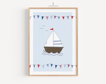 Sailboat Nursery Picture Digital Download Poster Instant Print maritime pennant and stripes