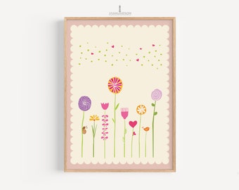 Flowers Children's Room Picture Digital Download Instant Print in Many Sizes Old Pink Cream Playroom Flower Meadow