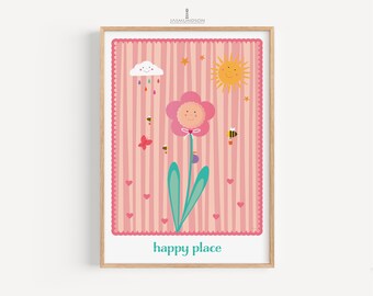 Nursery Picture Flowers Digital Download Instant Print Happy Place Stripes Bees Butterfly Many Sizes