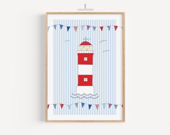 Lighthouse children's room picture digital download poster instant print maritime pennant stripes