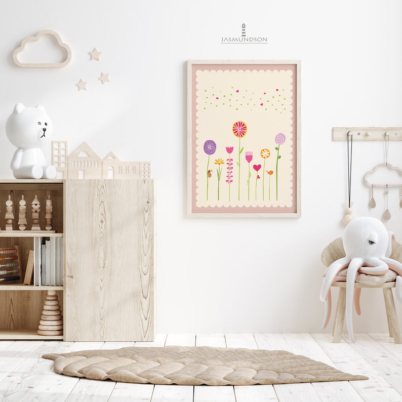 Flowers Children's Room Picture Digital Download Instant Print in Many Sizes Old Pink Cream Playroom Flower Meadow image 5