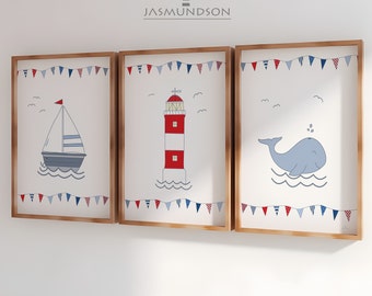 Children's Room Pictures Maritime Digital Download Poster Whale Boat Lighthouse Instant Print