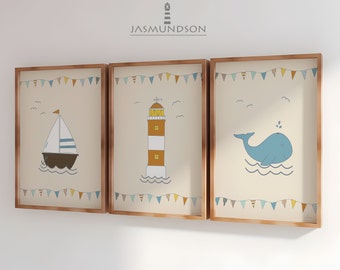 Children's Room Pictures Boy Girl Maritime Digital Download Poster Whale Boat Lighthouse Instant Print