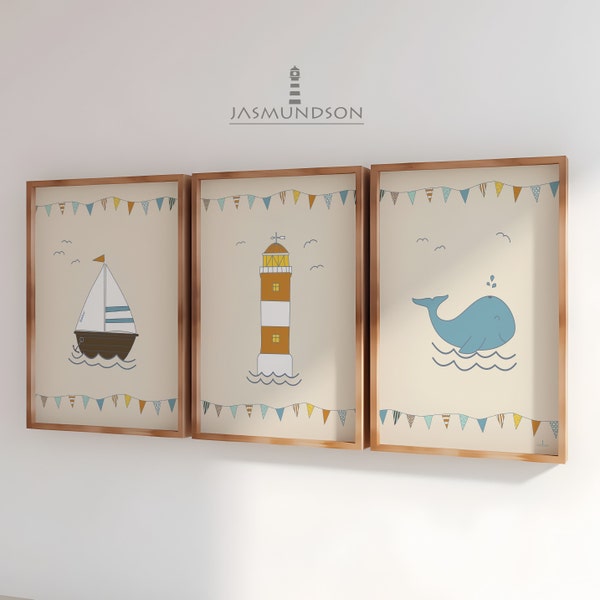 Kinderzimmer Bilder Junge Mädchen maritim Digitaler Download Poster Wal Boot Leuchtturm Sofort Druck