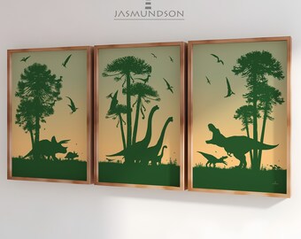 Dinosaurier Kinderzimmer Bilder Digitaler Download Bilder-Set Sofort-Druck Sonnenaufgang Gelb Orange