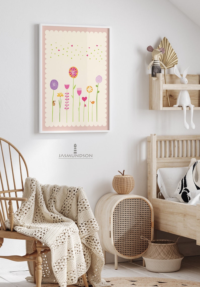 Flowers Children's Room Picture Digital Download Instant Print in Many Sizes Old Pink Cream Playroom Flower Meadow image 6