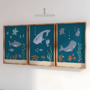 3 Sea Animals Children's Room Pictures Underwater World Digital Download Poster Instant Print Petrol