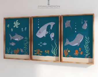 3 Sea Animals Children's Room Pictures Underwater World Digital Download Poster Instant Print Petrol