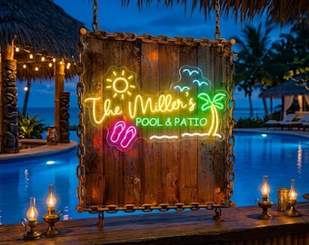 May include: A rectangular wooden sign hanging by chains, featuring a neon light display with the text "The Miller's POOL & PATIO". The neon design includes a yellow sun, pink flip-flops, green palm trees, and birds against a dark wood background.