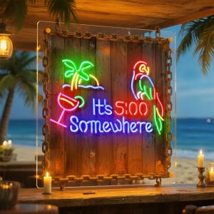 es ist 5 Uhr irgendwo Leuchtreklame, Kokospalme LED-Schild, Papagei Neonlicht, Strand Leuchtreklame, Cocktail Leuchtreklame, Tiki-Bar-Logo Außenschild