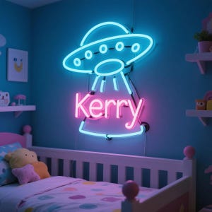 custom UFO with kids name neon sign,Alien spaceship led sign,flying saucer neon light,Alien bedroom wall art,UFO lover room deor,space decor
