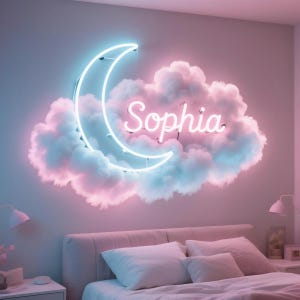 May include: A neon sign in the shape of a crescent moon and the name "Sophia" against a backdrop of fluffy, pink and blue clouds. The sign is mounted on a wall above a bed with white bedding.