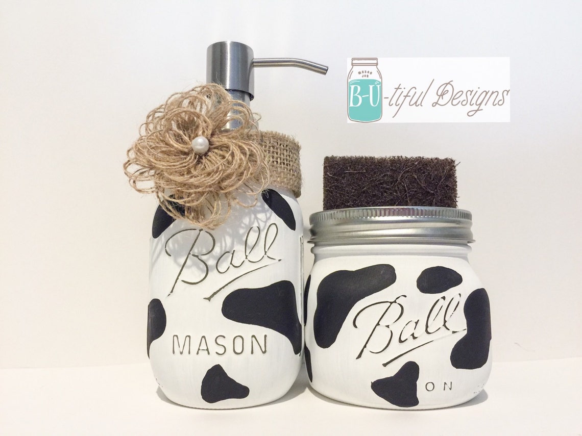 Cow Print Kitchen Decor Soap Dispenser Mason Jar and Sponge | Etsy