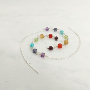 Rainbow Chakra Threader Earrings, Sterling Silver Gemstone Earrings, Boho Yoga Jewelry, Crystal Threader Earrings, Spiritual Gift for Her