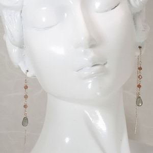 Tourmaline and Moonstone Threader Earrings, Sterling Silver Chain Earrings, Bohemian Minimalist Gemstone Jewelry, Handmade Gift for Her