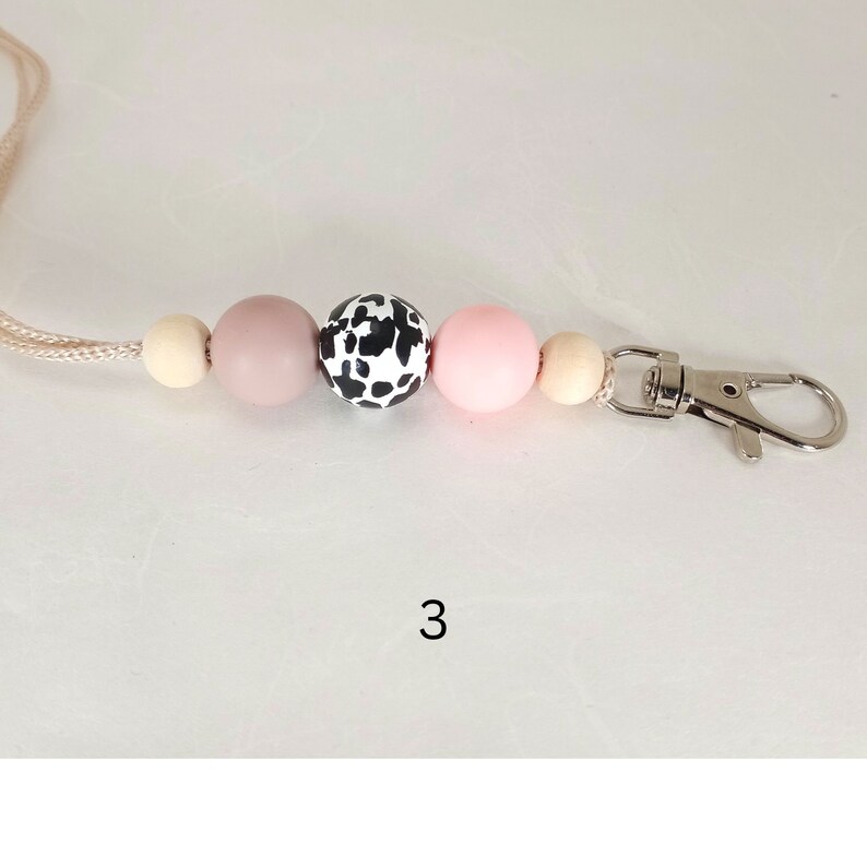 Cow Lanyard, Pink and Gray ID Tag Holder, Silicon Bead Badge Holder