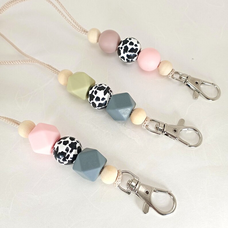 Cow Lanyard, Pink and Gray ID Tag Holder, Silicon Bead Badge Holder