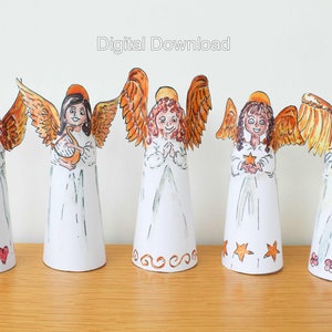 Digital Download Angel Decorations, DIY Christmas Angels, Print at Home Holiday Decor, Paper Angel Christmas Tree Topper, Make it Yourself image 1