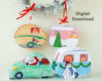 Digital Download Retro Caravan Christmas Decorations, Vintage Caravan Holidays Candy Box Kit, Printable Christmas Ornaments, DIY Sweet Box