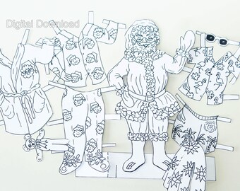 Santa Claus Paper Doll Colouring Pages, Print at Home Christmas Decoration, Digital Download Holiday Decor, Father Christmas Card Ornament