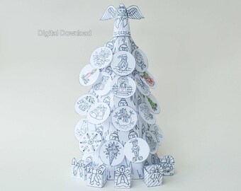 Digital Download Weihnachten Advent Kalender Malvorlagen, machen es selbst Weihnachtsdekoration, Färbung Papier Xmas Tree Adventskalender