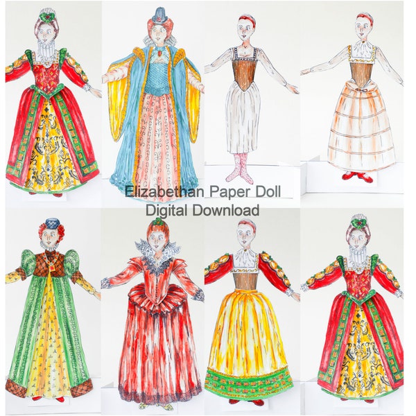 Elisabethanische Frau Papier Puppe sofortiger Download, digitale Tudor Periode Kostüm Puppe Kit, historische Kleid Papier Puppe Zeichnung, Tudor Outfits