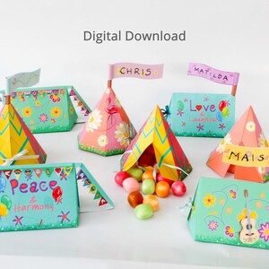 結婚式、誕生日、またはあらゆる機会に使えるフェスティバル テント ギフト ボックス、印刷可能なパーティー ギフト ボックス、デジタル ダウンロード キャンディ ボックス、プレース セッティング カード