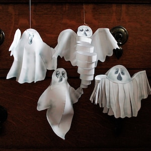 Printable Halloween Decoration, Set of Four Downloadable Ghost Figures, DIY Ghoul Model, Hanging Ghosts for Bunting or Mobiles
