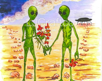 Aliens in Love Art Print: Sci-fi Valentine's Day Card (digital