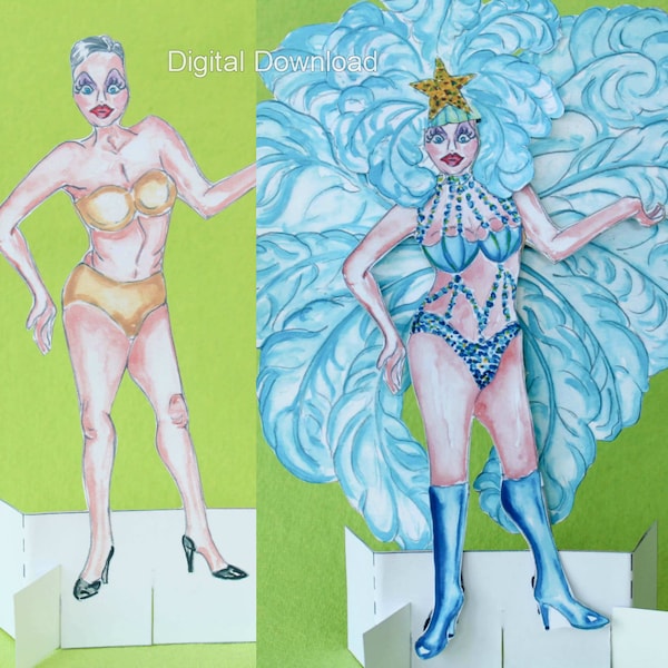 Drag Queen Paper Doll Instant Digital Download, Showgirl Drawing, Make it Yourself Diva Doll, Show Girl Paper Doll Costume, Novelty Gift