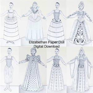 Tudor Period Costume Paper Doll Instant Download Colouring Pages, Digital Elizabethan Dress Doll, Printable Historical Paper Doll Kit