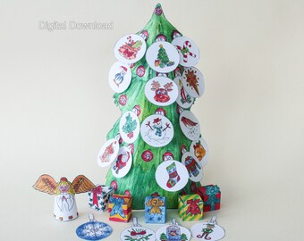 Instant Download natale avvento calendario, stampabile decorazione albero di Natale, lo rendono voi stessi Xmas Tree Ornaments, giorni di Natale