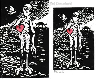 Alien with Heart Lino Print, Valentine Card, Anniversary Decor (Digital Download)