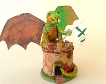 Polymer Clay Dragon Figurine, Dragon and Castle Ornament, Orange Green Dragon Sculpture, Mythical Creature Fantasy Art, Clay Cake Topper